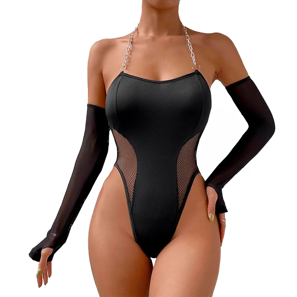 Conjunto Lingerie Body com Corrente e Luvas Sensuais