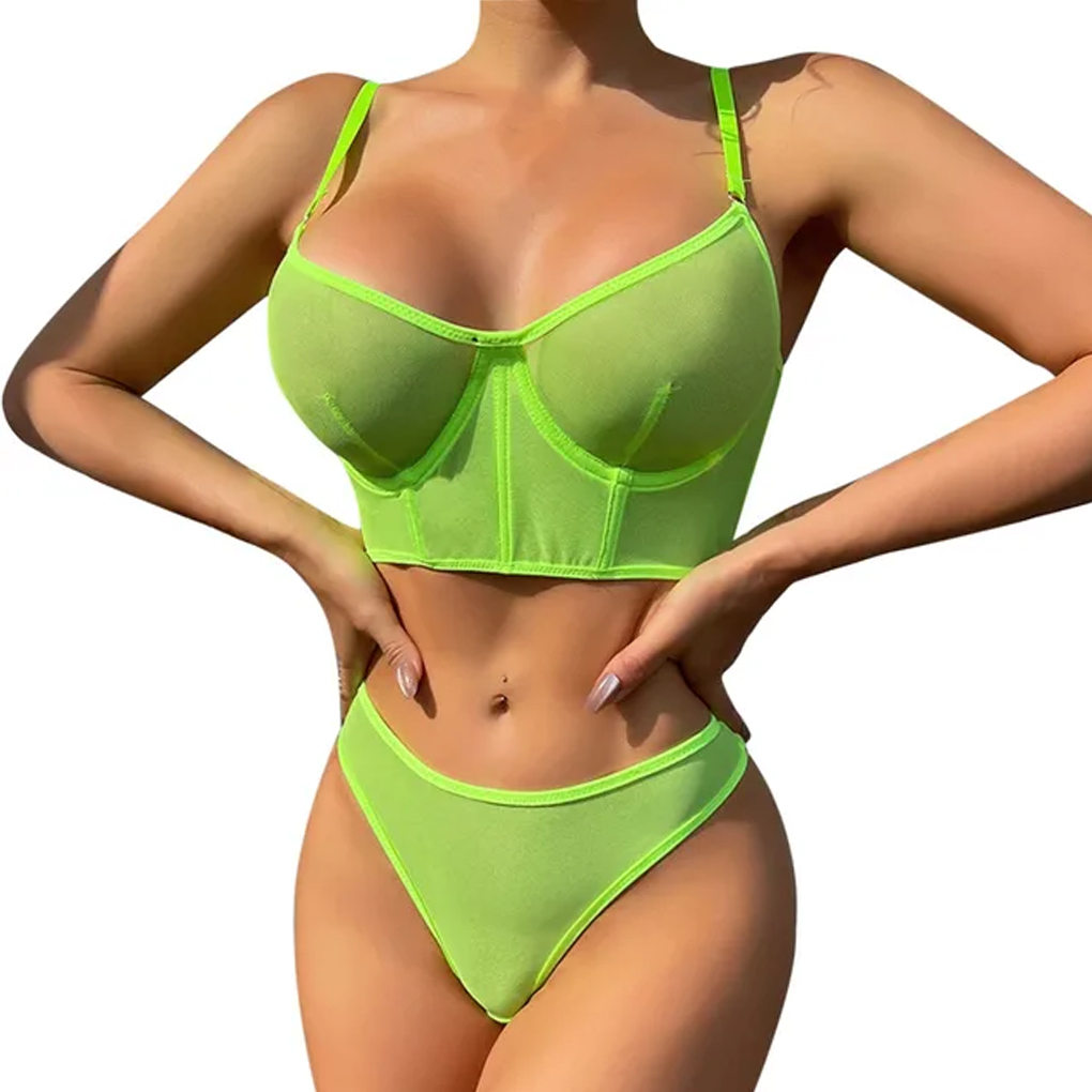 Conjunto Lingerie com Malha Transparente - 3 Cores